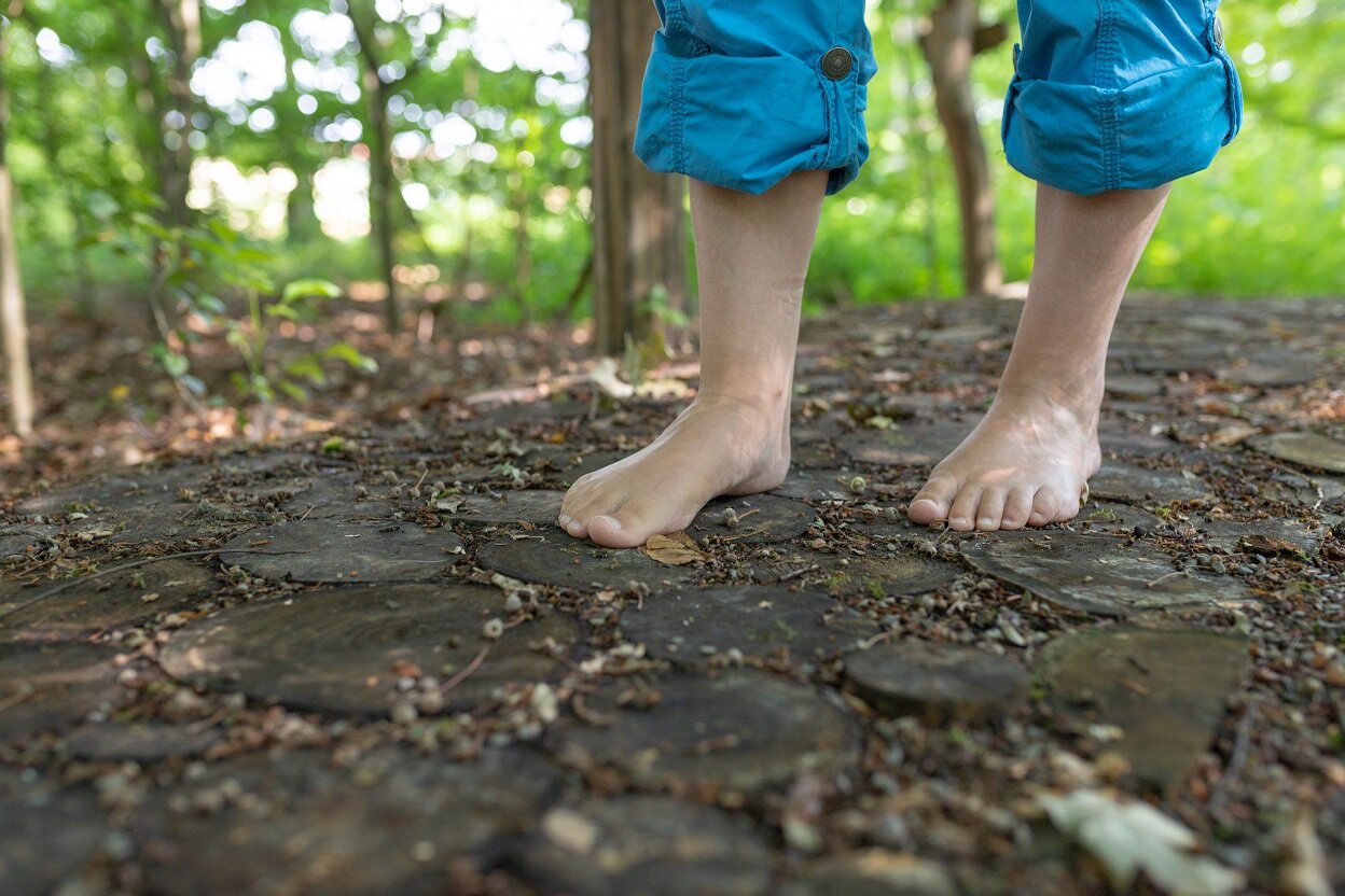Barfußgehen im Wald über natürliche Elemente | © stock.adobe.com Barfüßige Kinder auf einem Pfad mit Holzscheiben | © stock.adobe.com
