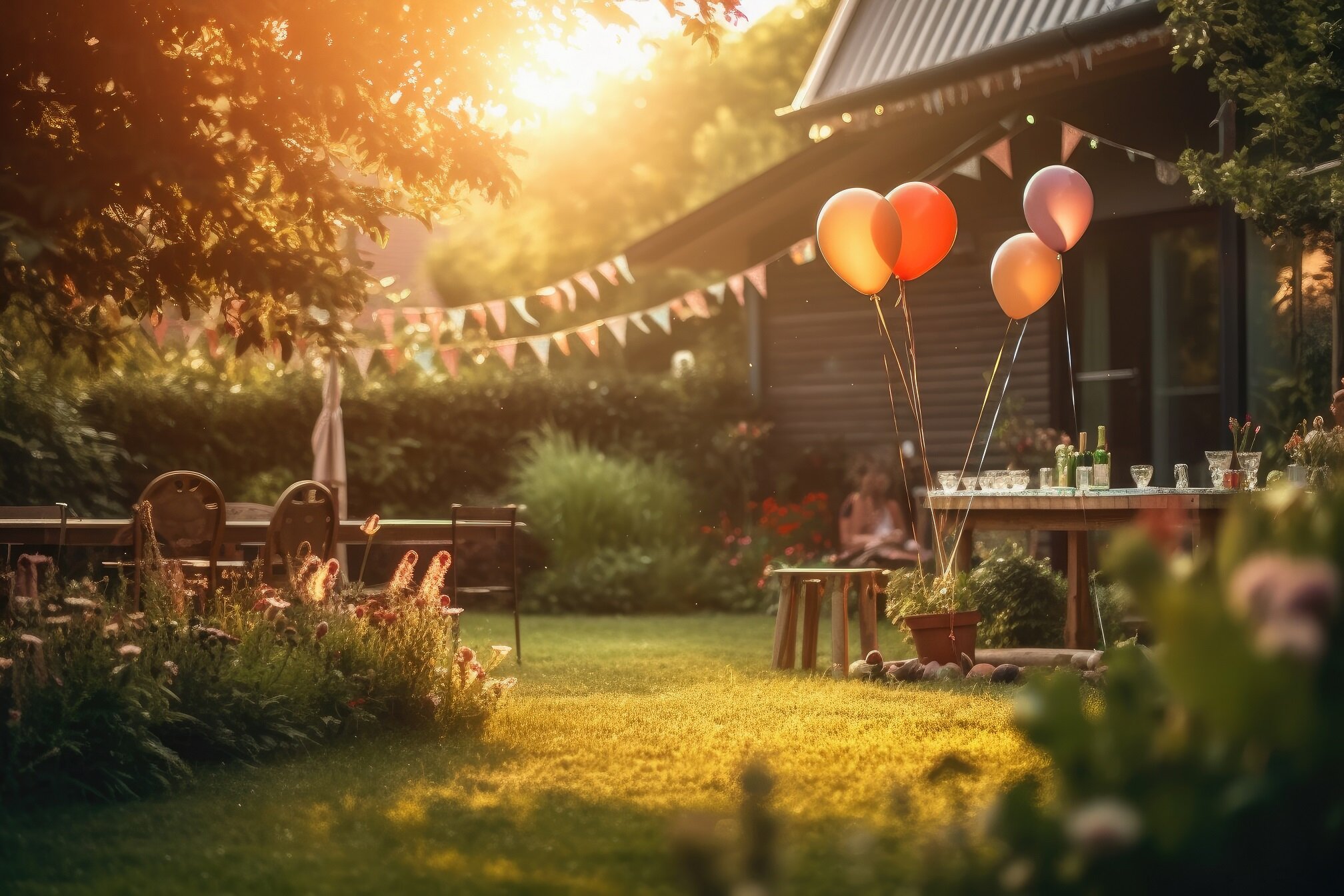 Stimmungsvolle Outdoor-Atmosphäre für gesellige Abende | © stock.adobe.com Biergarten am Abend mit Lichterketten und Holztischen | © stock.adobe.com