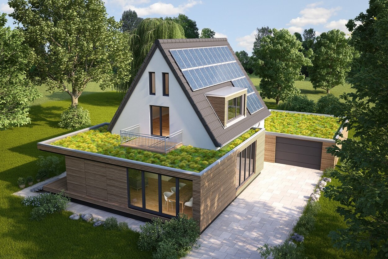 Nachhaltiges Haus mit bepflanztem Gründach | © stock.adobe.com Satteldach mit vollständiger Begrünung auf Wohnhaus | © stock.adobe.com