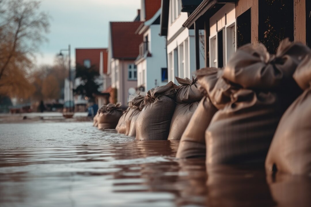Hochwasser mit überfluteten Mülltonnen und Gehweg | © stock.adobe.com