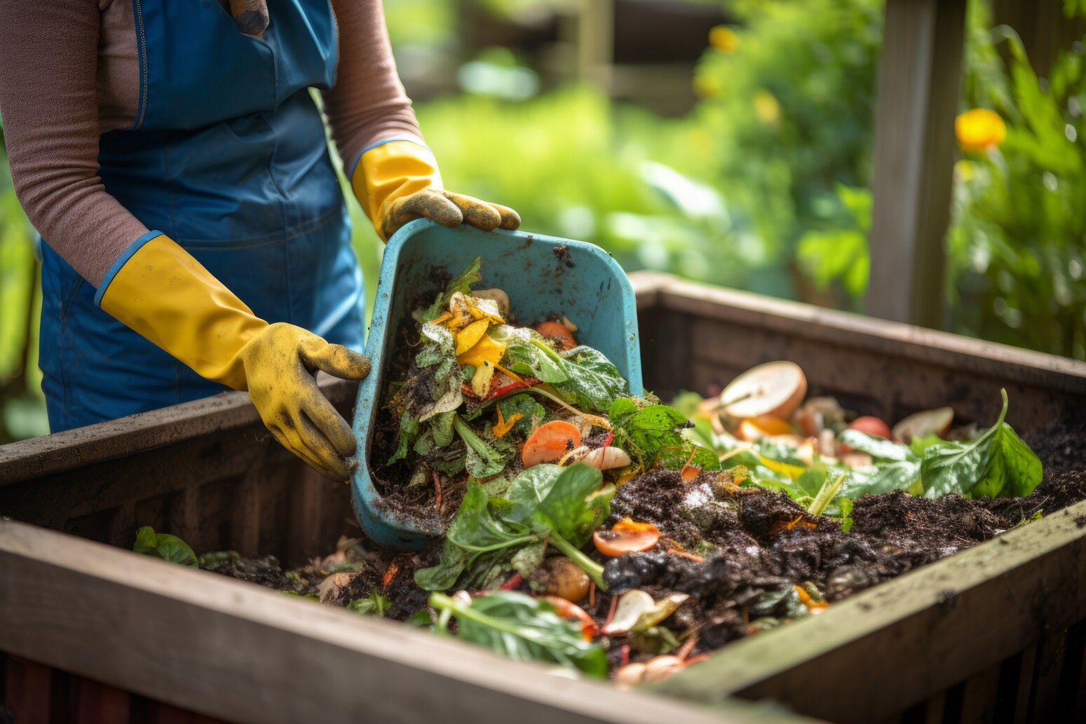 Kompost wird in hölzernen Gartenbehälter eingefüllt | © stock.adobe.com