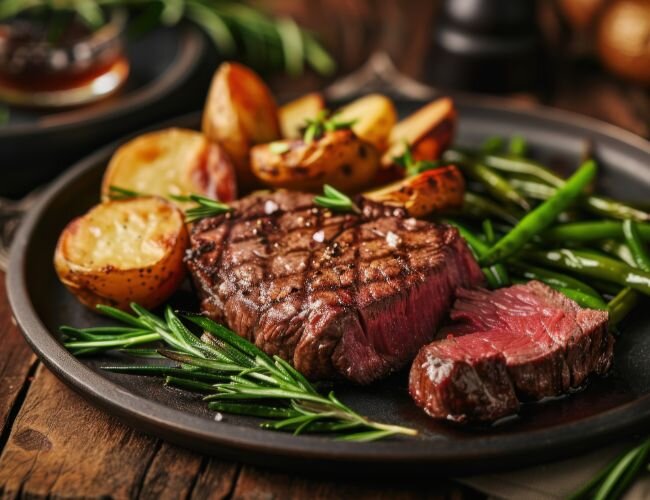 Rindersteak mit Buschbohnen und Kartoffeln | © stock.adobe.com Rindersteak mit Buschbohnen und Kartoffeln | © stock.adobe.com