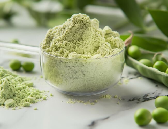 Pflanzliches Protein aus Erbsen – ideal für gesunde Ernährung | © stock.adobe.com Grünes Erbsenpulver in Messlöffel mit frischen Erbsen daneben | © stock.adobe.com