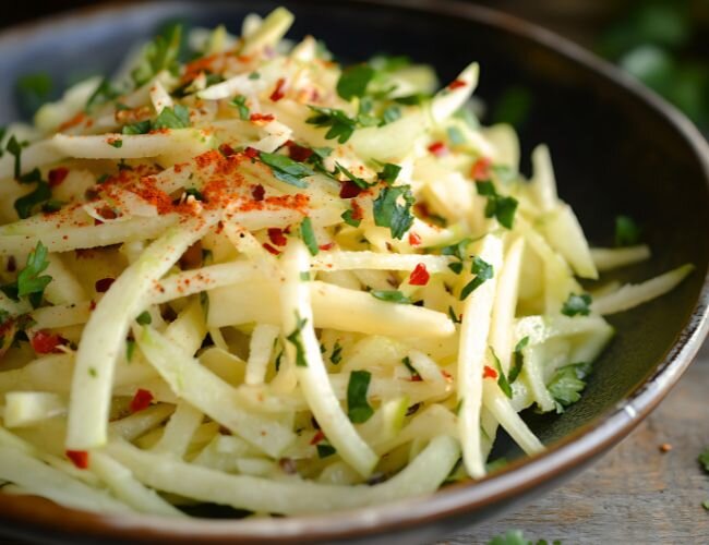 Kohlrabi als Low-Carb-Alternative zu Pasta | © stock.adobe.com Feine Gemüsespaghetti mit Kohlrabi-Streifen serviert | © stock.adobe.com