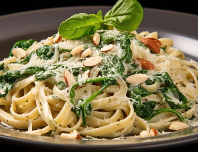 Pasta mit Mangold in heller Soße auf Teller angerichtet | © stock.adobe.com