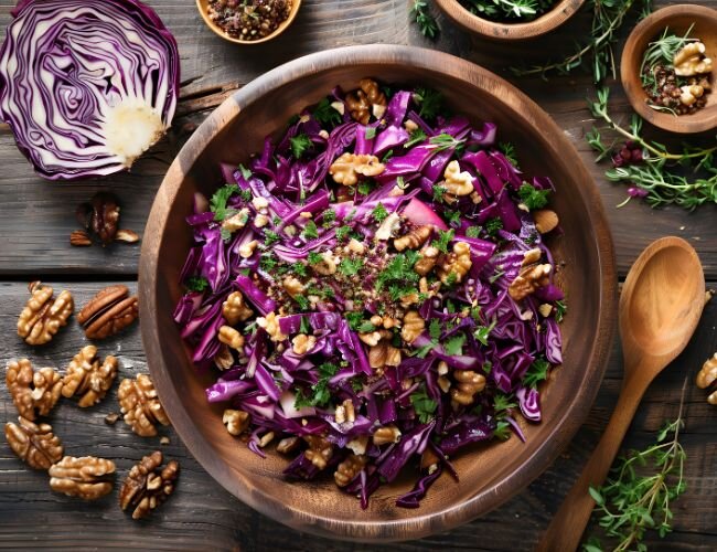 Frischer Rohkostsalat mit würziger Note | © adobe.stock.com Rotkohlsalat mit Apfel und Kräutern in Holzschale | © adobe.stock.com