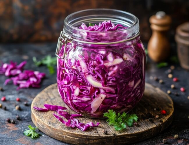 Hausgemachte Konserve für gesunde Vorratshaltung | © adobe.stock.com Eingelegter Rotkohl im Glas mit Gewürzen | © adobe.stock.com