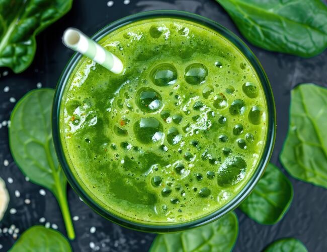 Erfrischender Drink aus frischen Blattgemüsen | © stock.adobe.com Grüner Smoothie mit Spinat, Limette und Chiasamen | © stock.adobe.com