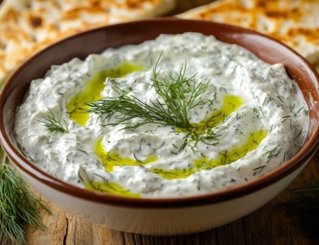 Cremiger Dill-Dip in Schale mit Kräuterdeko | © stock.adobe.com