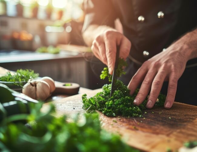 Petersilienvorbereitung für Suppen, Saucen oder Salate | © stock.adobe.com Gehackte Petersilie wird auf Schneidebrett vorbereitet | © stock.adobe.com