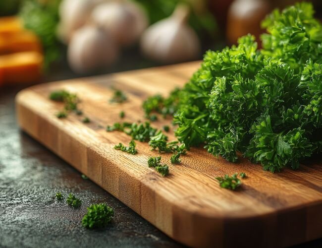 Aromatische Petersilie – frisch geerntet und einsatzbereit | © stock.adobe.com Krause Petersilie auf Holzbrett mit Küchengeräten | © stock.adobe.com