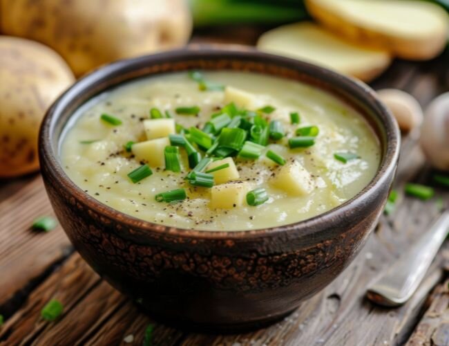 Wärmendes Rezept mit frischen Kräutern aus dem Garten | © stock.adobe.com Cremige Suppe mit Schnittlauch und Croutons serviert | © stock.adobe.com