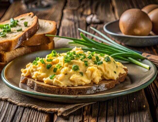 Einfaches Frühstücksgericht mit frischem Grün | © stock.adobe.com Rührei mit Schnittlauch in Pfanne angerichtet | © stock.adobe.com