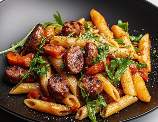 rucola_pasta_mit_tomaten_und_gebratener_wurst | © stock.adobe.com rucola_pasta_mit_tomaten_und_gebratener_wurst | © stock.adobe.com