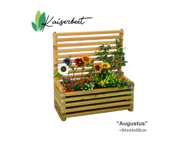 Blumenbeet "Augustus" bepflanzt mit blühenden Kletterpflanzen am Rankgitter​ | © Kaiserbeet