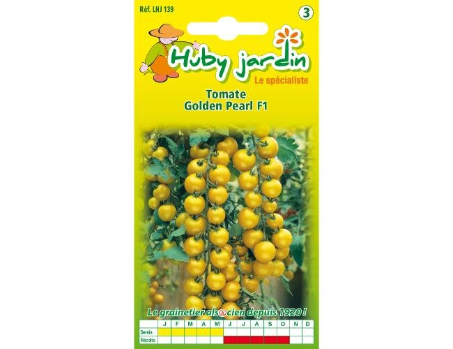 Tomate Golden Pearl F1 – Samentüte mit Abbildung der leuchtend gelben Tomaten. | © Graines Hubert